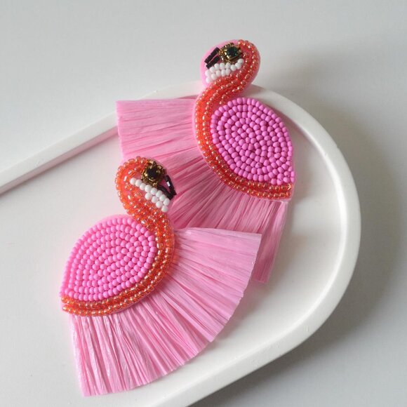 Pink Flamingo Bead Raffia Fringe Tropical Bird Beach Statement Earrings - Picture 2 of 3